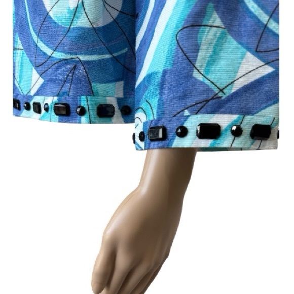 Sigrid Olsen Jacket with Blue White Printed Pattern Black Bead Accents, Size 8 - Picture 6 of 8